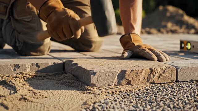 Worker laying paver for patio construction. Hands installing paving stone on sand and gravel base. Home improvement and landscaping project