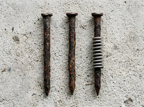 Three rusty iron nails aligned vertically on a rough concrete surface