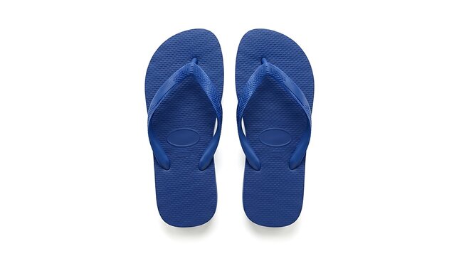 pair of blue flip flops on white background