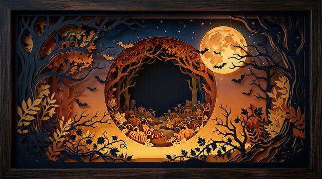 Autumnal halloween scene with pumpkins trees and a full moon is a papercut illustration