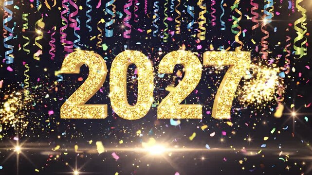 2027 sparkling gold numbers with colorful hanging party streamers and falling confetti showers, for retail store digital signage ads