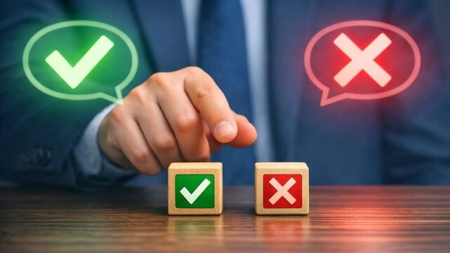 Businessman's hand choosing between correct and wrong options