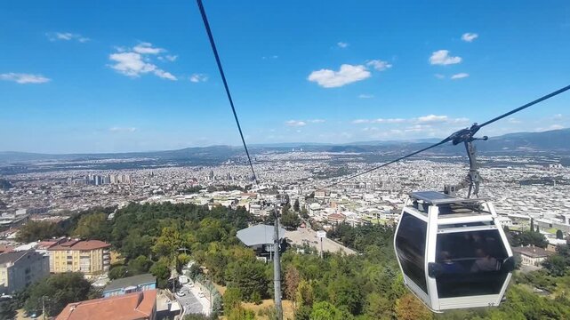 Panoramic View of Bursa City from a Cable Car Over Green Hills, Turkey