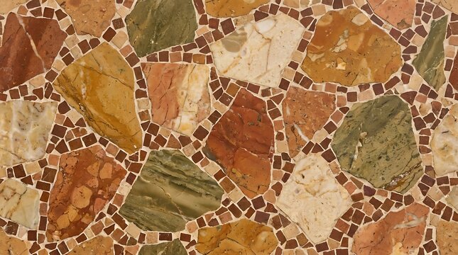 Terrazzo floor with multicolored stone chips in beige grout