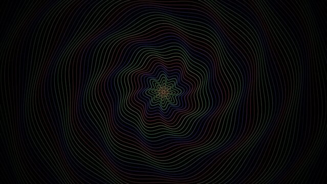 Abstract spiral pattern formed by thin, concentric, wavy lines in rainbow colors, creating a hypnotic, circular motion effect on dark background