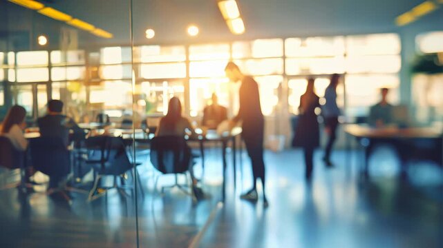 Blurred people working in a clear modern office open space, workplace teamwork