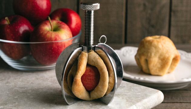Professional metal apple corer and slicer tool with pastry dough isolated on white transparent background