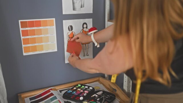 Woman hands placing red fabric on a dress sketch in studio with color swatches, pins and measuring tape visible; design concentration.