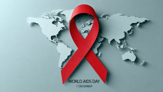 Red AIDS awareness ribbon over a world map for World AIDS Day observance on December 1
