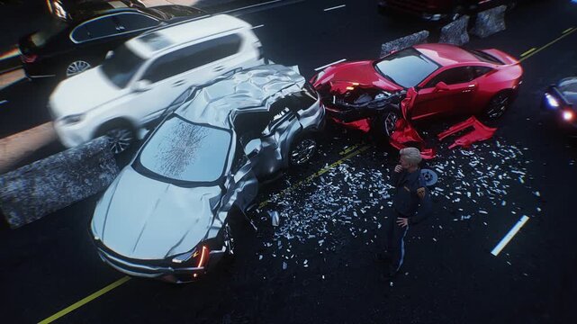 Car Accident on Busy City Street with Police Inspecting the Scene. Realistic 4k animation