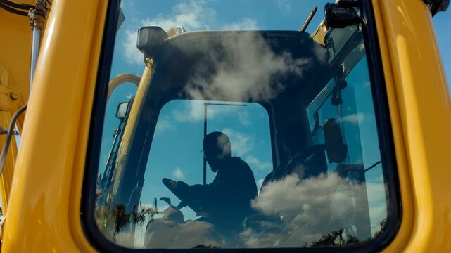 Silhouette of a male operator inside the cab of a yellow excavator. Reflection of clouds and blue sky on the glass window of heavy construction machinery. Industrial building concept