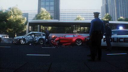 Car Accident on Busy City Street with Police Inspecting the Scene. 3d rendering. © 3D motion