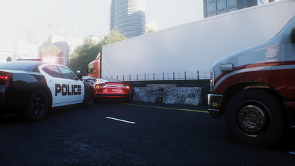 Car Accident on Busy City Street with Police Inspecting the Scene. 3d rendering. © 3D motion