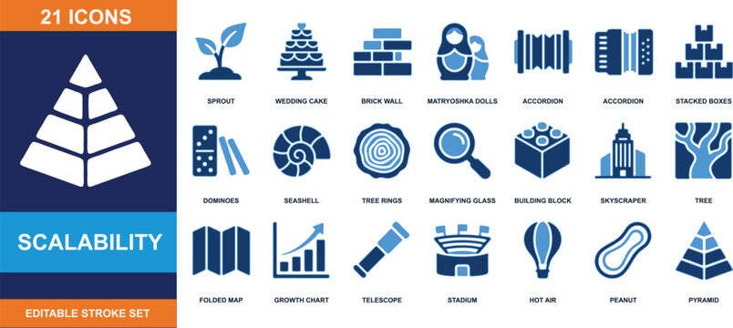 Scalability Icons Set: A collection of 21 vector icons representing concepts related to growth, expansion, and development in business and technology, including a pyramid, seedling, stack of bricks.