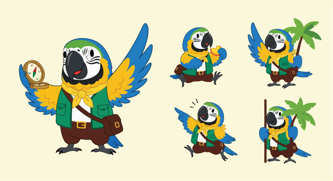 Set of cute explorer macaw parrot cartoon character illustrations.