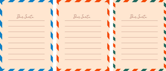 Obraz premium Retro Dear Santa Christmas letter template collection with lined writing paper and striped borders. Vintage vector backgrounds set for letters to Santa and Christmas wish lists