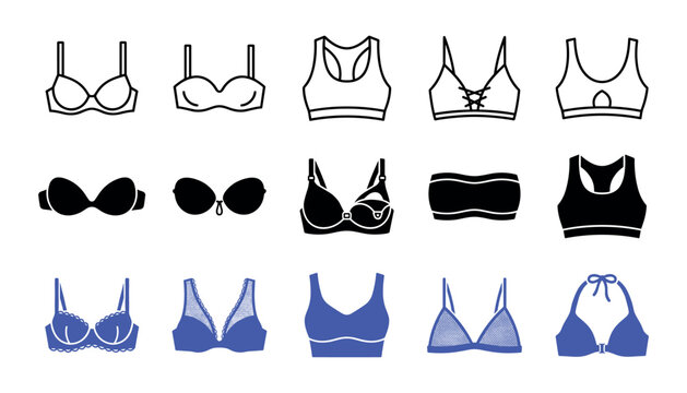 Set of vector icons depicting various types of women undergarments and bras in outline and silhouette styles