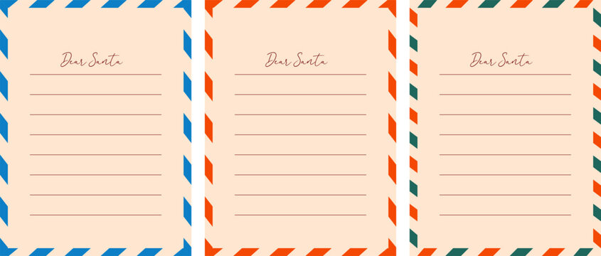 Retro Dear Santa Christmas letter template collection with lined writing paper and striped borders. Vintage vector backgrounds set for letters to Santa and Christmas wish lists