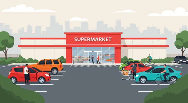 People shopping and parking cars outside a modern supermarket building storefront in a city, vector flat illustration, front view