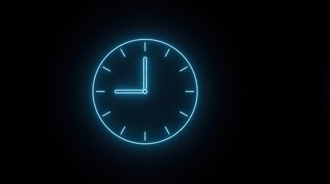 Neon clock face glows blue on dark background. Analog time display shows nine oclock. Futuristic tech concept illustration for business presentations or digital art.