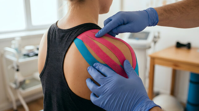 Physical therapist applying kinesiology tape to a female athlete
