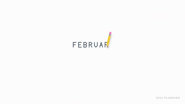 Minimalist layout with central typography of February and pencil against clean white background, concept for business finance timeline and schedule management, suitable for yearly planning, calendar