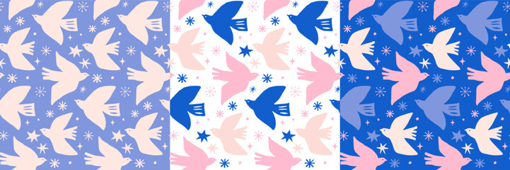 Fototapeta premium Blue, beige and pink seamless Christmas pattern with hand-drawn birds, stars and snowflakes. Scandinavian folk-art vector winter background