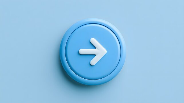 A 3D render of a blue circular button with a white right arrow icon. This UI element is useful for digital navigation and website interface design.
