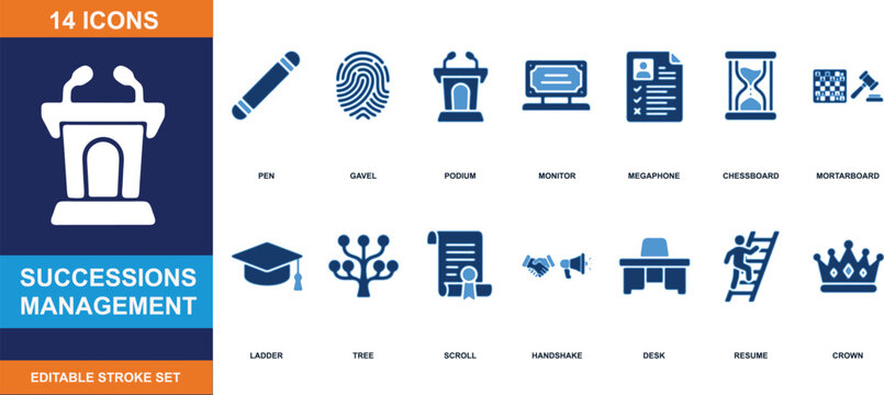Succession Management Icons: A comprehensive set of vector icons illustrating key concepts in succession management, including planning, leadership, and talent development.
