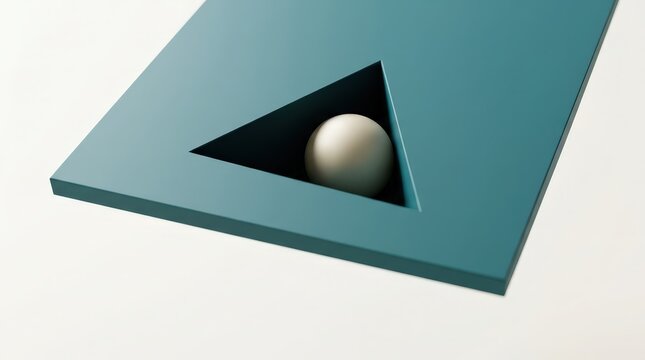 Abstract 3D render of a white sphere resting inside a triangular hole on a teal geometric surface.