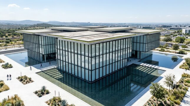 A stunning view of a modern glass office building reflecting the sky and surrounding landscape in bright daylight.
