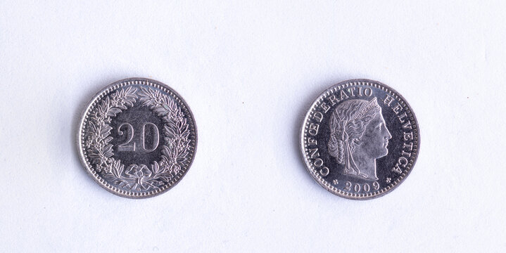 Swiss 20 Rappen Coin Showing Both Sides on White Background