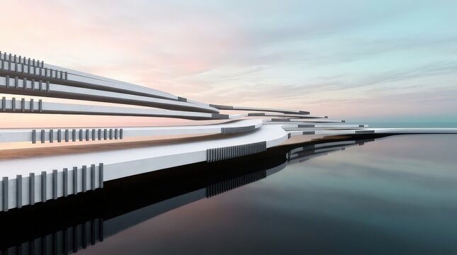 Futuristic architectural pier structure extending into calm ocean waters at dusk with modern design elements