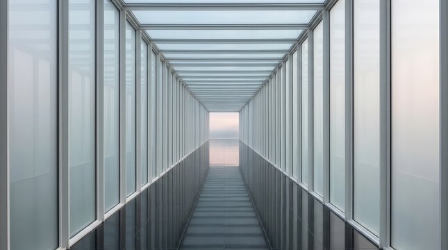 Modern glass walkway leading through a futuristic tunnel structure with bright light at the end showing symmetry and perspective design.