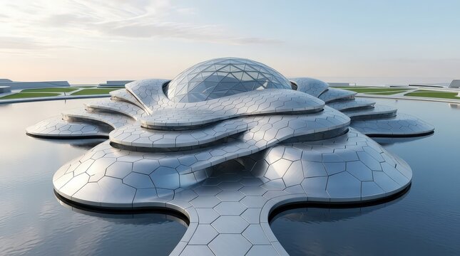 Futuristic silver architecture resembling a blooming lotus flower structure near water