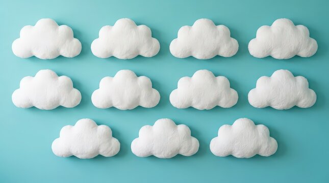 White cloud shapes arranged in rows form a minimalist weather illustration for backgrounds, sky themes, and creative design projects.