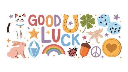 Fototapeta premium Good Luck Symbols Collection: A vibrant illustration featuring various symbols of good fortune, including a lucky cat, horseshoe, four-leaf clover, dice, rabbit's foot, diamond, rainbow, ladybug.