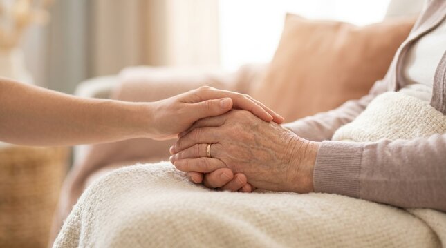 Close up of younger hand holding elderly hand for support. Senior care and empathy concept. Caregiver comforting aging patient in bed