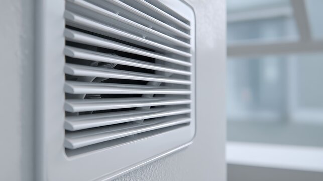 Close up of white air conditioning vent grille. Detailed view of ventilation slats in modern interior. HVAC system maintenance and air flow concept