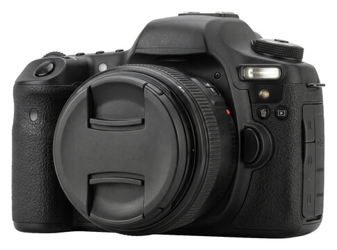 Black digital single-lens reflex camera with capped lens