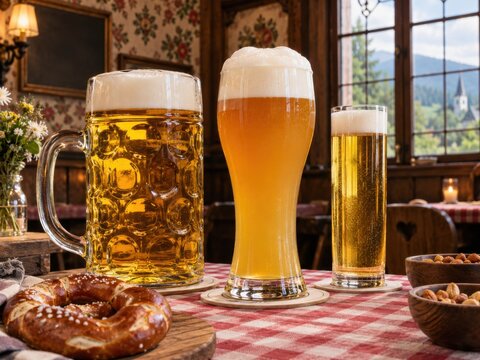 Drei verschiedene Biersorten mit kr&auml;ftigen Schaumkronen stehen neben Brezeln in einer gem&uuml;tlichen Gaststube mit Alpenblick &ndash; traditionelle Bierauswahl und regionale Genusskultur.