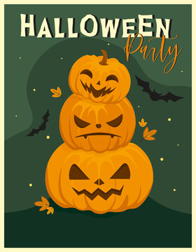 Three stacked jack o lantern pumpkins smile beneath halloween party banner text with flying bats and leaves