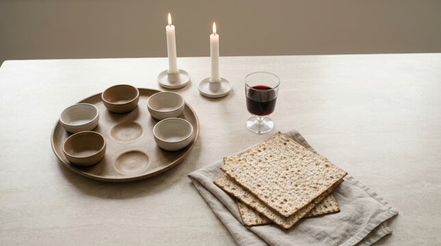 Passover seder plate with empty bowls, matzo bread, wine glass and burning candles on table. Jewish holiday Pesach celebration, traditional ritual food and religious symbols concept