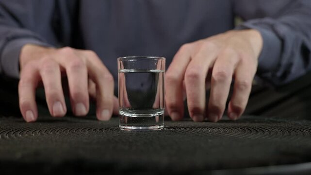 Nervous man with an alcohol addiction. The man's hands are over a glass of alcohol, symbolizing his internal struggle with addiction
