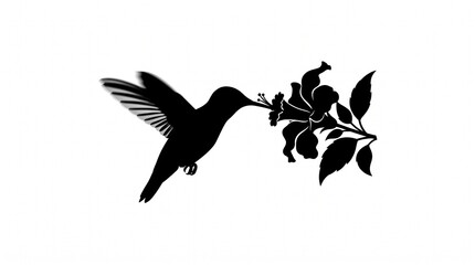 Fototapeta premium Black silhouette of a hummingbird hovering and feeding from a blooming tropical flower isolated with small hummingbird flight flower white background illustration minimalist decoration botanical