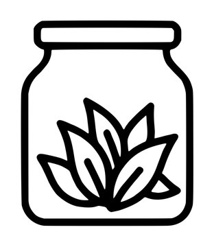 Hand traced vector icon of a glass jar filled with dried tea leaves, minimalist line art illustration of herbal tea storage container, perfect for health and wellness branding and packaging