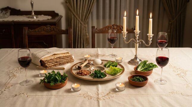 Passover seder table with matzo, wine glasses, seder plate, candles and greens. Traditional Jewish holiday meal setting for passover celebration. Festive ritual dinner background and religion concept.