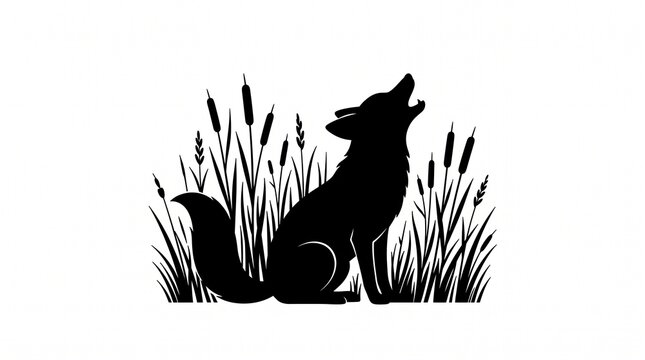 Black silhouette of a fox howling while sitting among tall reeds with against white background cattails blades grass silhouette depicts solid black illustration minimalist vocalizing monochrome