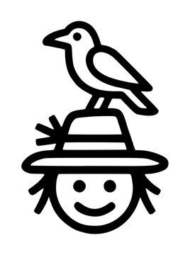 Cheerful black and white line art vector icon of a smiling scarecrow face wearing a straw hat with a crow perched on top, simple minimalist illustration perfect for autumn harvest farming decoration