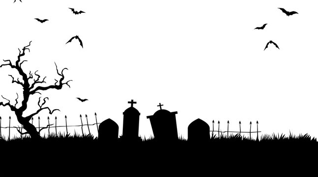 spooky cemetery scene outline with bare tree tombstone bat and fence for halloween background illustration